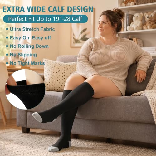 3/4 Pairs Wide Calf Compression Socks for Women Men 20-30 mmHg Knee High - color: Black, size: 3X-Large