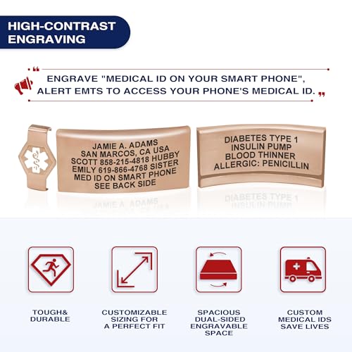 Divoti Custom Dual-Sided Engraved Silicone Medical Alert ID Wristband w/Security Clasp & Trim-to-Fit Band - Style - color: Carmella Blue / PVD Rose Gold / White, size: Band Width - 19mm
