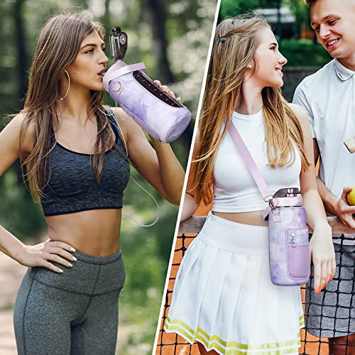 Half Gallon Water Bottle with Sleeve, 64OZ Motivational Water Bottle - color: Purple