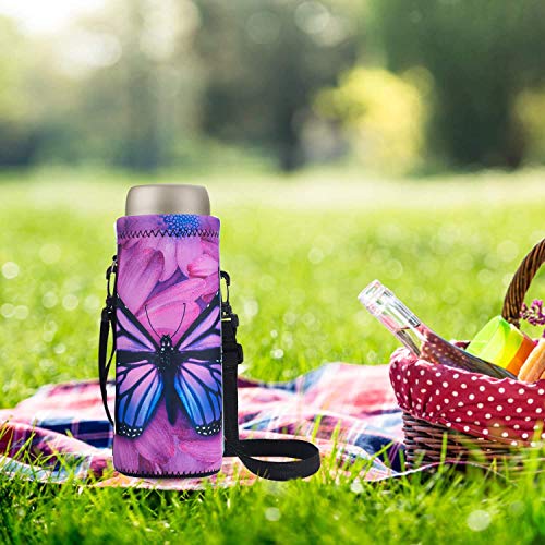 AUPET Water Bottle Sling Bag Carrier Crossbody Sleeve,Insulated Neoprene Bottle Case Holder Pouch Cover 500ML/17oz with Shoulder Strap for Walking Women Men - color: Purple Butterfly