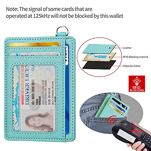 Slim Minimalist Front Pocket Wallet, RFID Blocking Credit Card Holder Wallet with Integrated D-Shackle for Men Women - color: Litchi Ocean Blue