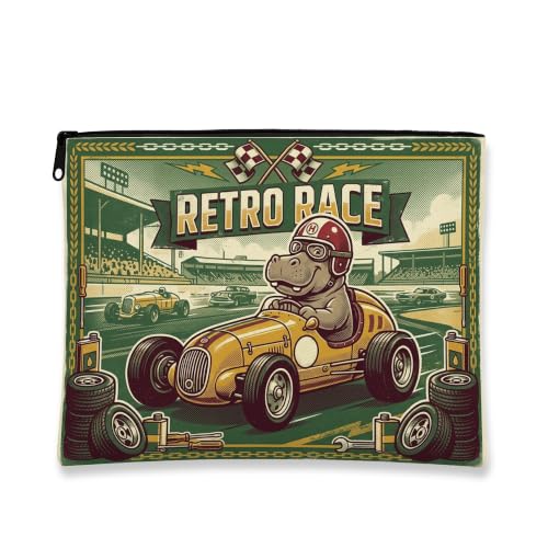 Retro Race Cosmetic Bag, Hippo Racing Pattern Travel Pouch for Men, Portable Small Canvas Zipper Organizer, Everyday Skincare Toiletry Bag 7x9 Inch
