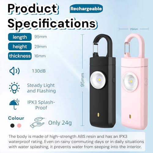 130dB Rechargeable Personal Alarm with Strobe Light & Low Battery Indicator - color: Pink