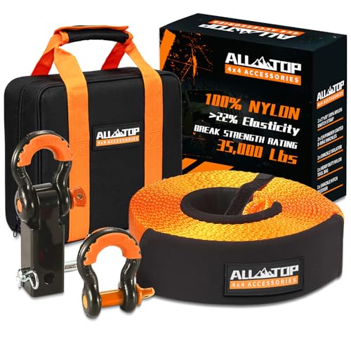 ALL-TOP Nylon Recovery Kit with Hitch Receiver: 3" x 30' (35,000lbs) 100% Nylon Snatch Strap + 2" Shackle Hitch Receiver + 3/4 HD Shackles (2pcs) with Isolator + Storage Bag - size: 3" x 30' Kit + Hitch Receiver