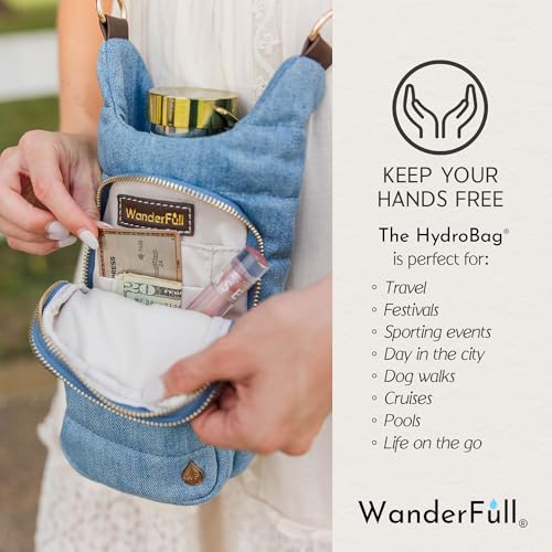 WanderFull® Original HydroBag®, Fits Up to 32 oz Water Bottle Holder with Strap, Gift for Women, Hands-Free Crossbody, Water Bottle Carrier Bag with Phone Pocket - color: Denim