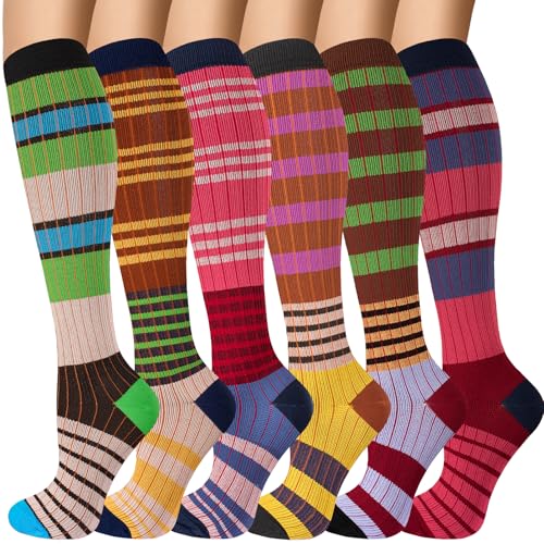 6 Pairs 20-30 mmHg Knee High Compression Socks, Unisex, Running, Travel - color: Color Stripe, size: Small-Medium