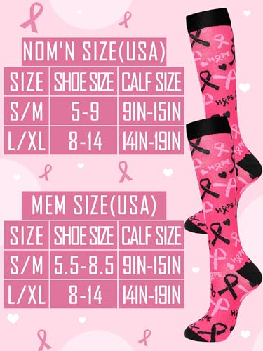 Fourluoo 6 Pairs Breast Cancer Awareness Compression Socks - size: Small-Medium, style: Ribbon