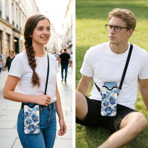 GLOBLELAND Blue Poppy Cell Phone Sleeve Pouch Case Bag 7.1×3.9 inch Blue Flowers Shockproof Universal Phone Bag with Crossbody Strap Neck Lanyard for Women Men Phone Headphones Watch - color: Blue Poppy