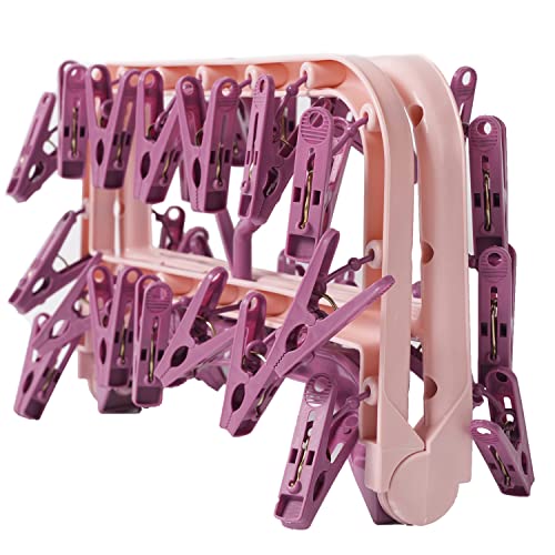 Foshine Clothes Drying Racks Foldable Clip Hangers Plastic with 32 Clips - color: Pink