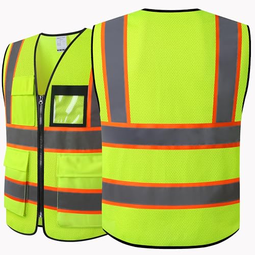Reflective Safety Vest for Men Women Hi Vis Vest with 8 Pockets High Visibility Mesh Reflective Vest Meets ANSI/ISEA Standards (Yellow-07, Large) - color: Yellow, size: Large