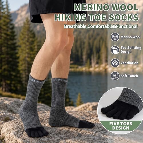 Merino Wool Toe Socks,Hiking Running Crew Socks for Women Men - color: Dark, size: Medium