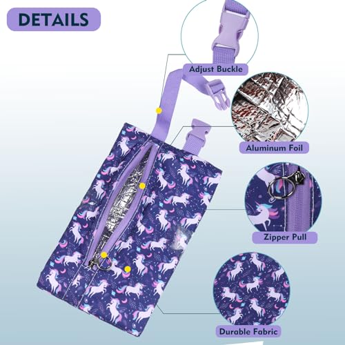 Insulated Snack Bag, Freezable Small Cooler Bag with Zipper and Adjustable Buckle, Rectangular Thermal Cooler Bag - color: Purple Unicorn