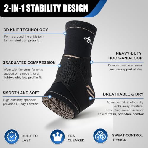 ABIRAM Copper-Infused Ankle Brace Compression Sleeve with Adjustable Strap - color: Copper Black, size: Small