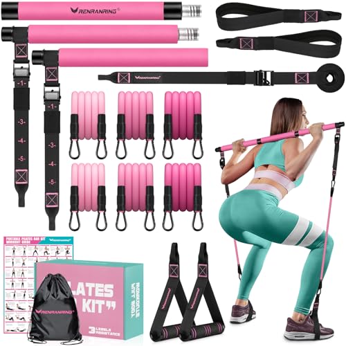 Pilates Bar Kit with Resistance Bands, Pilates Workout Equipment for Women - color: Pink
