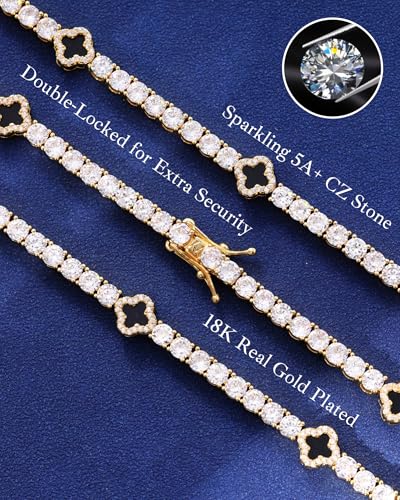 LuxeFlex 4mm Iced Out Four Leaf Tennis Chain,White Gold Plated with 5A Zircon Stones, exquisite Handmade Hip Hop Bling Necklace Perfect Unisex Jewelry Gift - color: Gold, size: 20 INCH