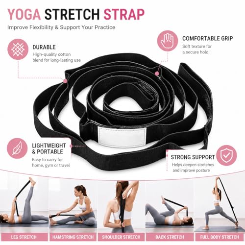 Stretching Strap Yoga Strap with Loops, Stretch Straps, Non-Elastic Exercise Strap for Pilates, Dance and Gymnastics - Black