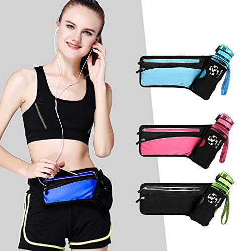 Running Belt Sport Waist Pack with Water Bottle Holder Hydration Belt Fanny Pack Reflective Stripes Cellphone Storage Earphone hole for Dog walker Hiking Travel (BLACK/BLUE) - color: BLACK/Light BLUE