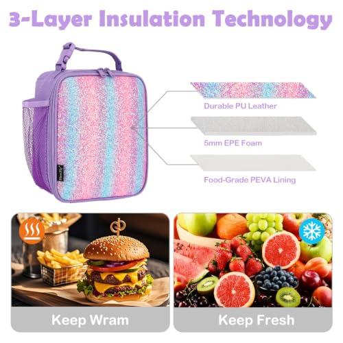 FlowFly Lunch box Insulated Soft Bag Mini Cooler Back to School Thermal Meal Tote Kit for Girls, Boys,Purple#Glitter - color: Purple#Glitter