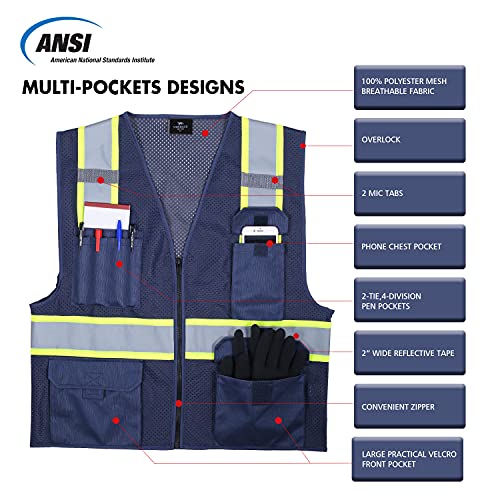 VENDACE Hi Vis Safety Reflective Mesh Vest for Men ANSI Class 2 High Visibility Vest with 8 Pockets and Zipper - color: Blue, size: X-Small