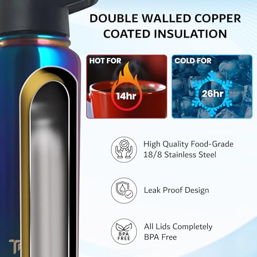 Travel Water Bottle with 3 Lids (Spout, Straw, Flip) Leak Proof, Quality, Vacuum Insulated, Stainless Steel (Rose Gold, 18 oz) - color: Rose Gold, size: 18 Ounces