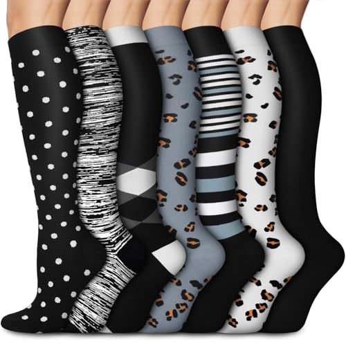 Aoliks 6 Pairs Compression Socks for Women & Nurses, Flying Knee High Socks - color: 020 A13-leopard/Gray/Black, size: Small-Medium