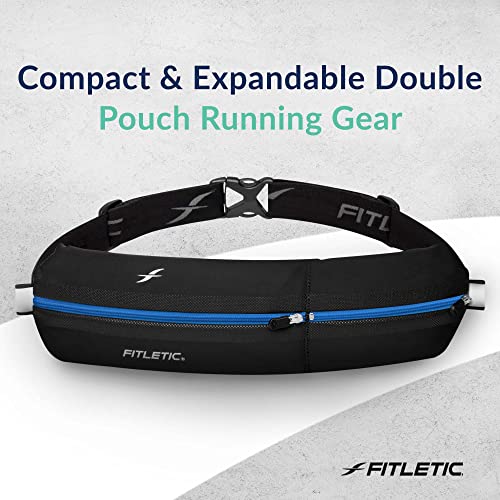 Fitletic Bolt Double Pocket Running Belt & Active Fanny Pack For Men & Women – Water Resistant, Lightweight Sleek Design – Patented No Bounce Hip Hugging Fit – Holds Any Phone - color: Black & Blue