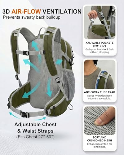 VPBAGE Hydration Backpack with 2L Bladder – Thermal Insulated Water Pack for Hiking, Skiing, Running – Lightweight Daypack for Men & Women, Soft-Lined Sunglasses Pocket & Large Waist Pockets - color: Olive Green