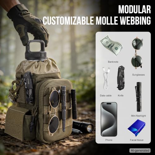 ONETIGRIS Tactical MOLLE Water Bottle Holder 40-64oz with Phone Pocket - color: Brown