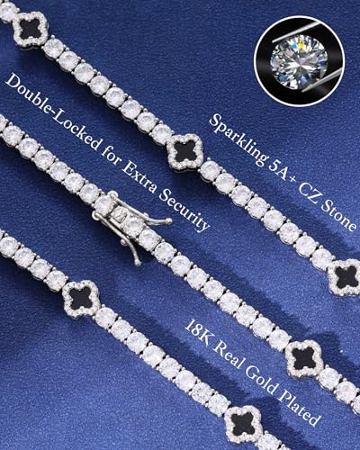 LuxeFlex 4mm Iced Out Four Leaf Tennis Chain,White Gold Plated with 5A Zircon Stones, exquisite Handmade Hip Hop Bling Necklace Perfect Unisex Jewelry Gift - color: White Gold, size: 18 INCH