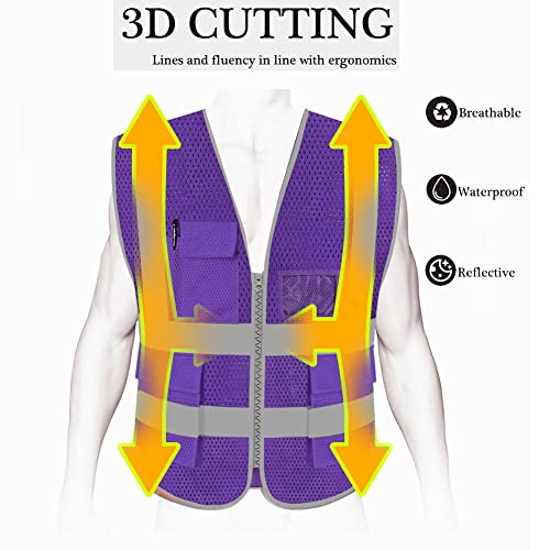 HYCOPROT High Visibility Mesh Safety Reflective Vest with Pockets and Zipper, Meets ANSI/ISEA Standards - color: Purple, size: XX-Large