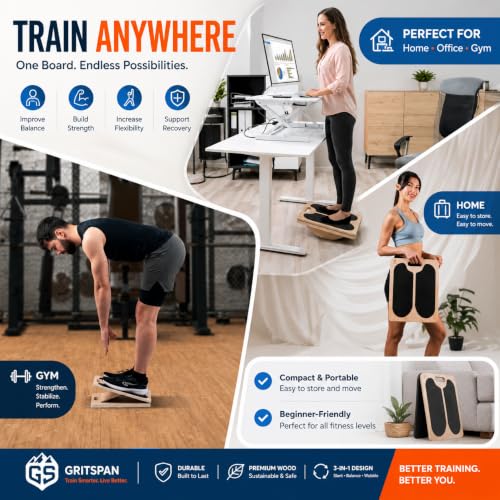 Slant Boards for Exercise, 3-in-1 Wooden Calf Stretcher, Rocker Balance Board and 360° Wobble Board, 5 Adjustable Angles, Anti-Slip Surface, Training Poster Included - size: Large