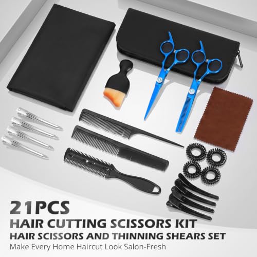 21Pcs 440C Hair Cutting Scissors Kit, Hair Scissors & Thinning Scissors Set - color: Blue