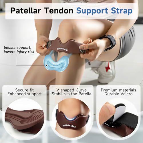 MANUEKLEAR V-Shaped Patella Bands, Adjustable Flex Wrap Patellar Tendon Support Strap for Men Women, Silicone Patella Knee Straps Suitable for Pain Relief Running Hiking Basketball, (2pcs) (Dark Coffee) - color: Dark Coffee