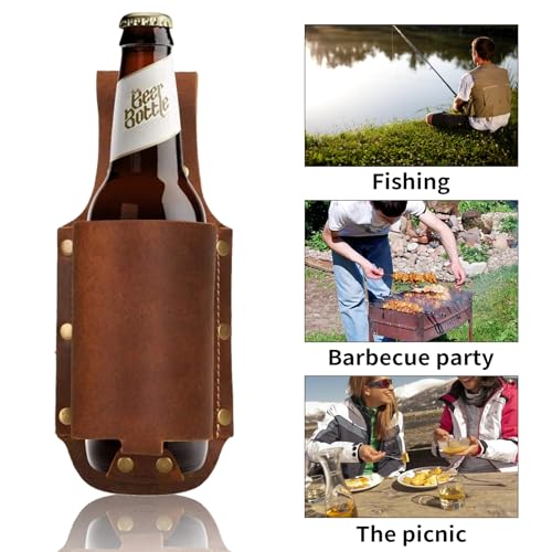 Beer Holder with Beer Bottle Opener Keychain,Leather Beer Holster Bottle Holders,Beer Belt Holder BBQ/Grilling Beer Gifts for Men Father Day Christmas,Cool Bottle Opener Beer Accessories Fun Gadgets