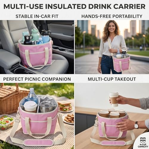 Drink Carrier Tote Bag, Family Size 4 Compartment Drink Carrier - color: Pink