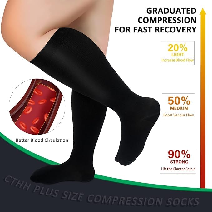 CTHH Wide Calf Compression Socks for Women Men Plus Size Knee High Stocking - color: White/Black/Dark Gray, size: Large-X-Large