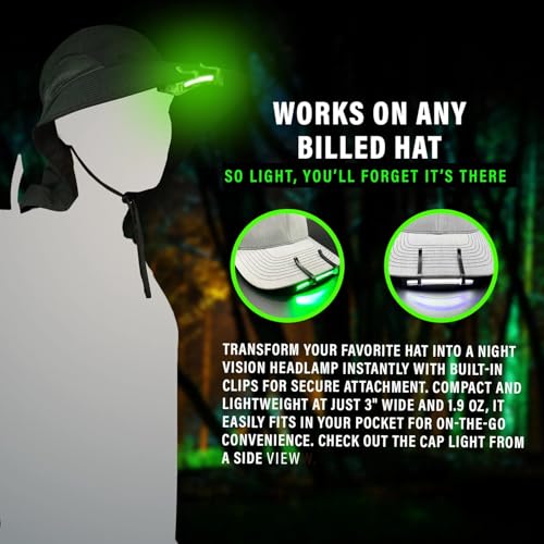 MODERN NEEDS Night Vision Cap Light – Clip On Cap Light Powered by AAA, Dual LED Modes, Cap Flashlight and Hat Light for Billed Hats, Camping, Hunting, Fishing, Hiking, Walking, Repairs & Outdoor
