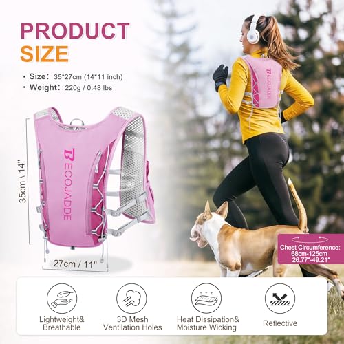 BECOJADDE Running Vest for Women Men, 5L/6L Lightweight Hydration Backpack Running Pack for Marathon, Trail, Cycling, Hiking, Jogging - color: Orchid Pink