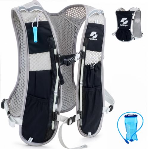 GymCope Running Vest for Women and Men, Lightweight Hydration Backpack with 500ml Soft Flask and 1.5 L Hydration Bladder, Running Hydration Vest for Marathon, Hiking, Trail and Road Running - color: Black Grey with1.5L