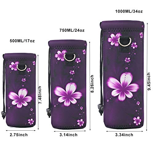 RICHEN Neoprene Water Bottle Carrier Bag with Adjustable Shoulder Strap,Insulated Water Bottle Cover for Stainless Steel/Glass/Plastic Bottles - color: Purple Flowers, size: 500ml