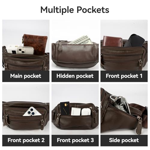 Brown Leather Fanny Pack for Men & Women,Fashionable Multi-Pockets Waist Belt Bag for Travel Sports Hiking Cycling Fishing Running - color: 810#brown