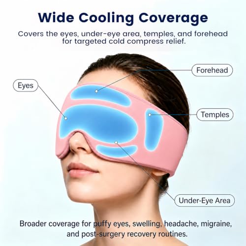 Cooling Gel Eye Mask for Puffy Eyes, Migraine & Headache Relief, Full Eye-Area Cold Compress for Eyes & Temples, FSA Eligible HSA Reusable Eye Ice Pack for Swelling & Post-Surgery Recovery - color: Pink