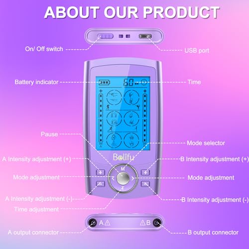 Belfiu TENS & PMS 24 Modes Muscle Stimulator for Pain Relief Therapy, Electronic Pulse Massager Muscle Massager with 10 Pads, Dust-Proof Drawstring Storage Bag, Fastening Cable Ties - color: Purple