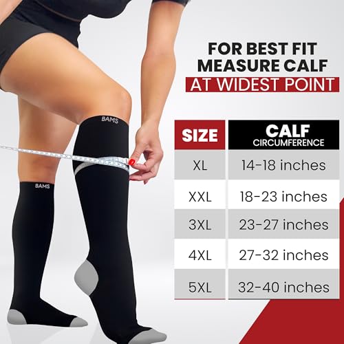 BAMS Plus Size Compression Socks Wide Calf XL XXL XXXL – Graduated Knee-High Support, Viscose from Bamboo Easy-On/Easy-Off - color: Black With Gray, size: X-Large