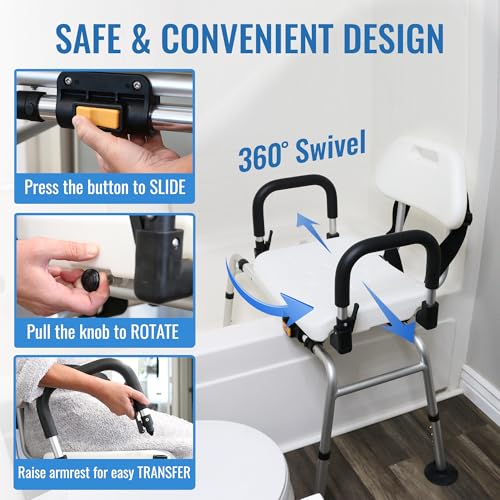 DMI 360 Max Comfort Swivel Shower Chair & Transfer Bench, Extra-Wide 360lb Capacity, Non-Slip & Padded Arms, Bonus Adjustable Back Scrubber - style: Sliding + 360° Swivel