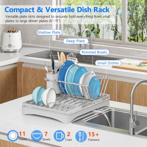 ANTOPY Dish Drying Rack Stainless Steel Dish Rack for Kitchen Counter, Rustproof Dish Drainer with Removable Cutlery Holder Self-Draining Drainboard, Compact Drying Rack Kitchen, 16.5''Lx11.8''W, Gray - style: Counter (Medium)