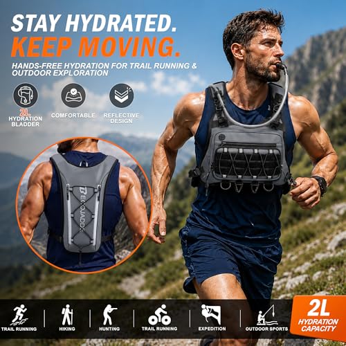 BECOJADDE Running Vest for Men with 2L Water Bladder Tactical Hydration Backpack Adjustable Lightweight Chest Pack for Marathon Hunting Cycling - color: Gray