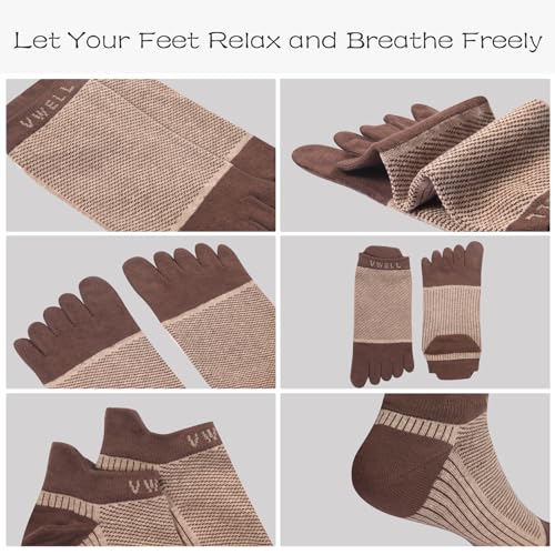 VWELL Cotton Toe Socks Five Finger Socks No Show Crew Athletic Running Socks 4 Pairs,Size 7-11 - color: Coffee