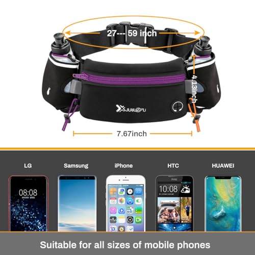 Number-one Running Belt with Water Bottles(2 x 175ML), Hydration Belt Waterproof Waist Pack Bag Fits iPhones Adjustable Sports Waist Pouch for Marathon Running Hiking Cycling, Purple