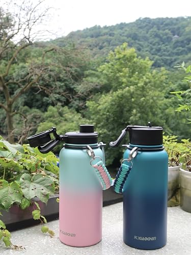 KXIAOCHEN Insulated Water Bottle with Strap, 48-Hour Cold, 2 Lids - color: Rubber Pink, size: 32 Ounces